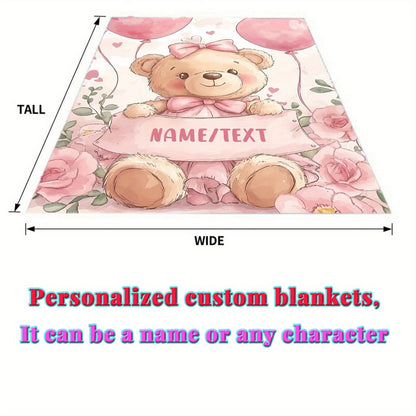 Custom Blankets Cute Pink Teddy Bear with Personalized Name