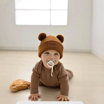 Personalized Baby Beanie with Bear Ears, Custom Beanie with Name Patch
