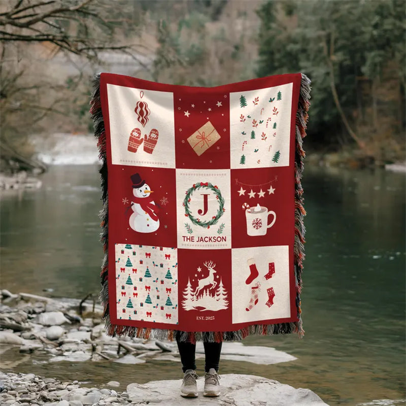 Personalized Family Name Woven Christmas Blanket: Holiday Decor Throw