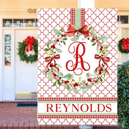 Personalized Monogram Initial Christmas Wreath Garden Flag