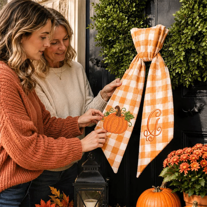Personalized Pumpkin Wreath Sash - Fall Monogram Gingham Door Bow