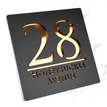 Laser Cut Matt Black & Copper Mirror Floating House Signs Door Number Sign Plaque