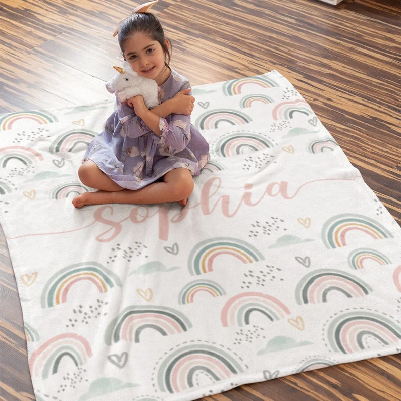 Personalized Baby Blanket For Girls or Boys with Name, Custom Kid Blanket with Boho Rainbows, Hospital Coming Home Blanket