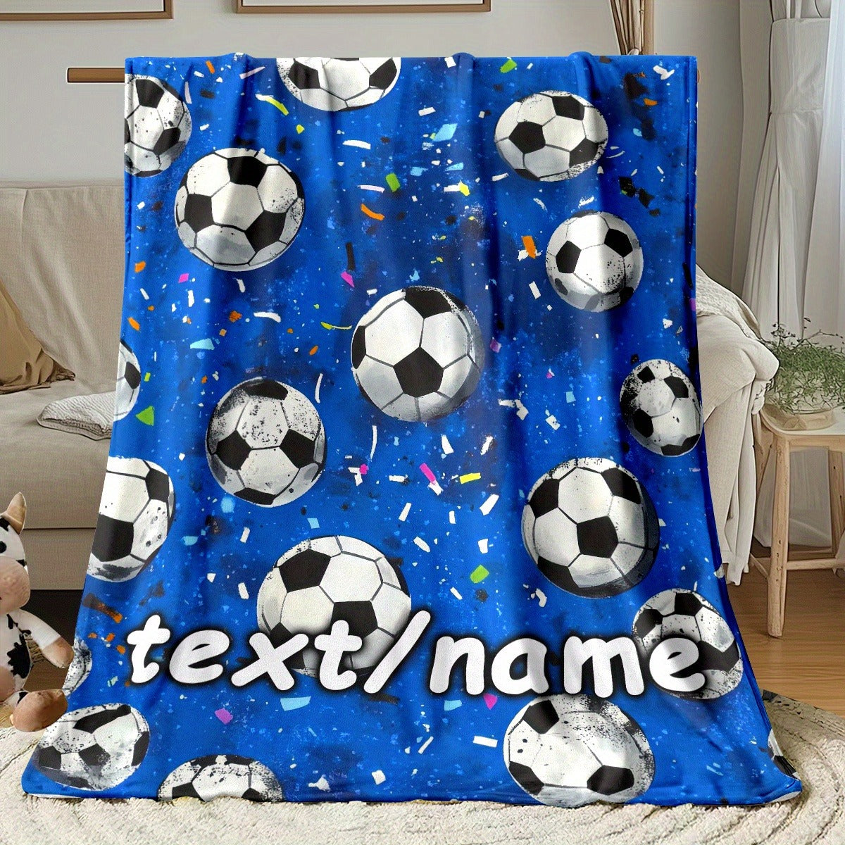 Custom Name Football Blanket - Lightweight Flannel Throw with Soccer Ball & Confetti Print