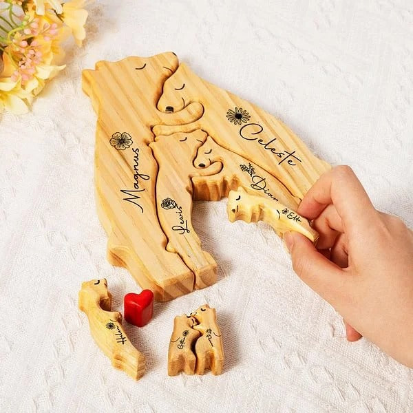 Personalized Red Heart Birth Flower Wooden Hug Bear Family Puzzle