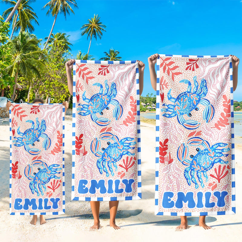 Personalized Retro Beach Towel, Marine Animal Beach Towel, Custom Name Towel