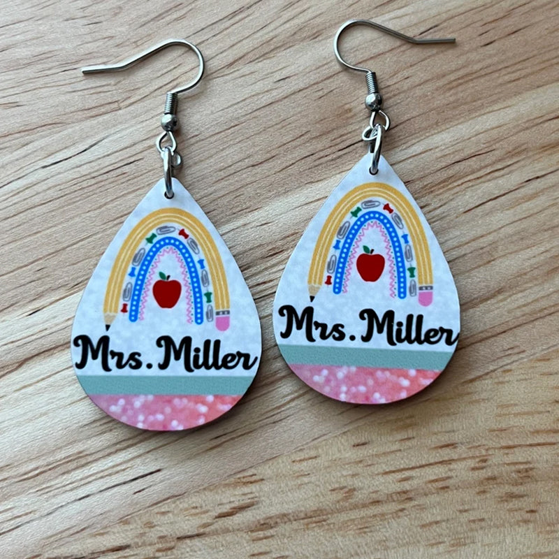 Personalized Teacher Earrings. Rainbow Pencil. Back to school