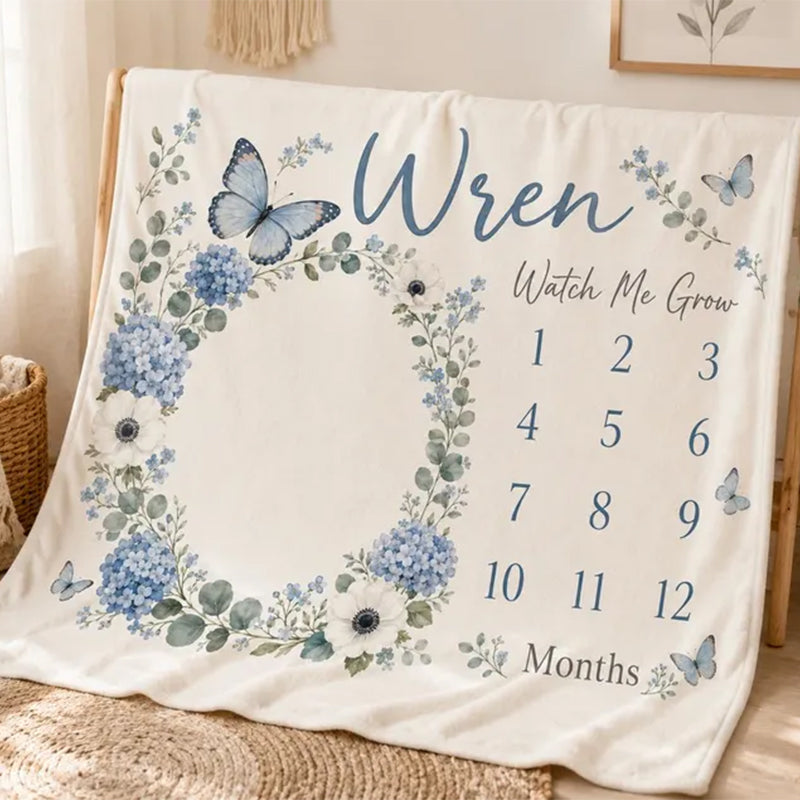 Personalized Blue Floral Milestone Blanket, Custom Baby Girl Milestone Blanket