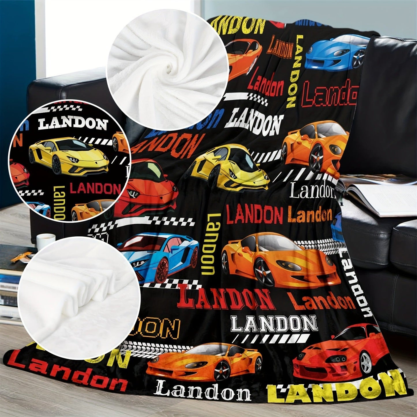 Customizable Landon Cartoon Sports Car Flannel Blanket