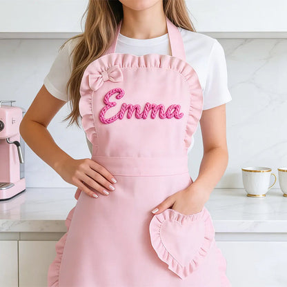 Custom Name Pink Apron : Ruffled Heart Pocket, Baking Lover Gift
