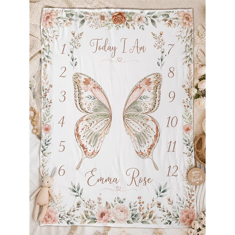 Personalized Butterfly Baby Milestone Blanket, Floral Baby Shower Gift