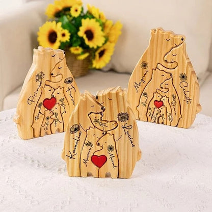 Personalized Red Heart Birth Flower Wooden Hug Bear Family Puzzle