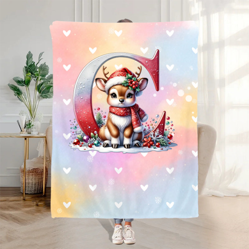 Personalized Santa Hat Snowman Penguin Initial Word Cloud Blanket