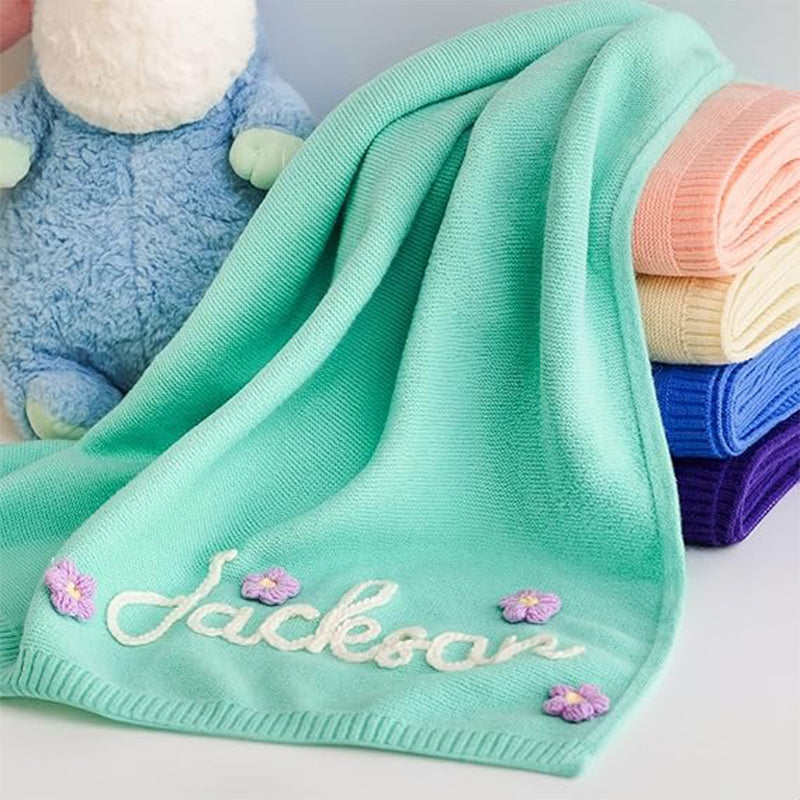 Personalized Hand-Embroidered Knit Baby Blanket Baby Name Blanket