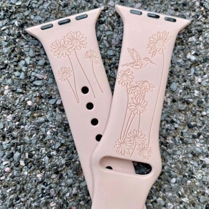 Hummingbird Design, Flower Watchband, Floral Engraved Band, Hummingbirds Band