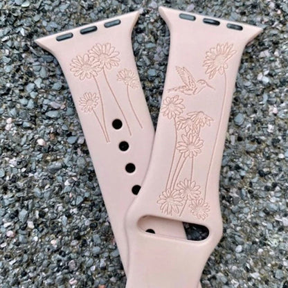 Hummingbird Design, Flower Watchband, Floral Engraved Band, Hummingbirds Band