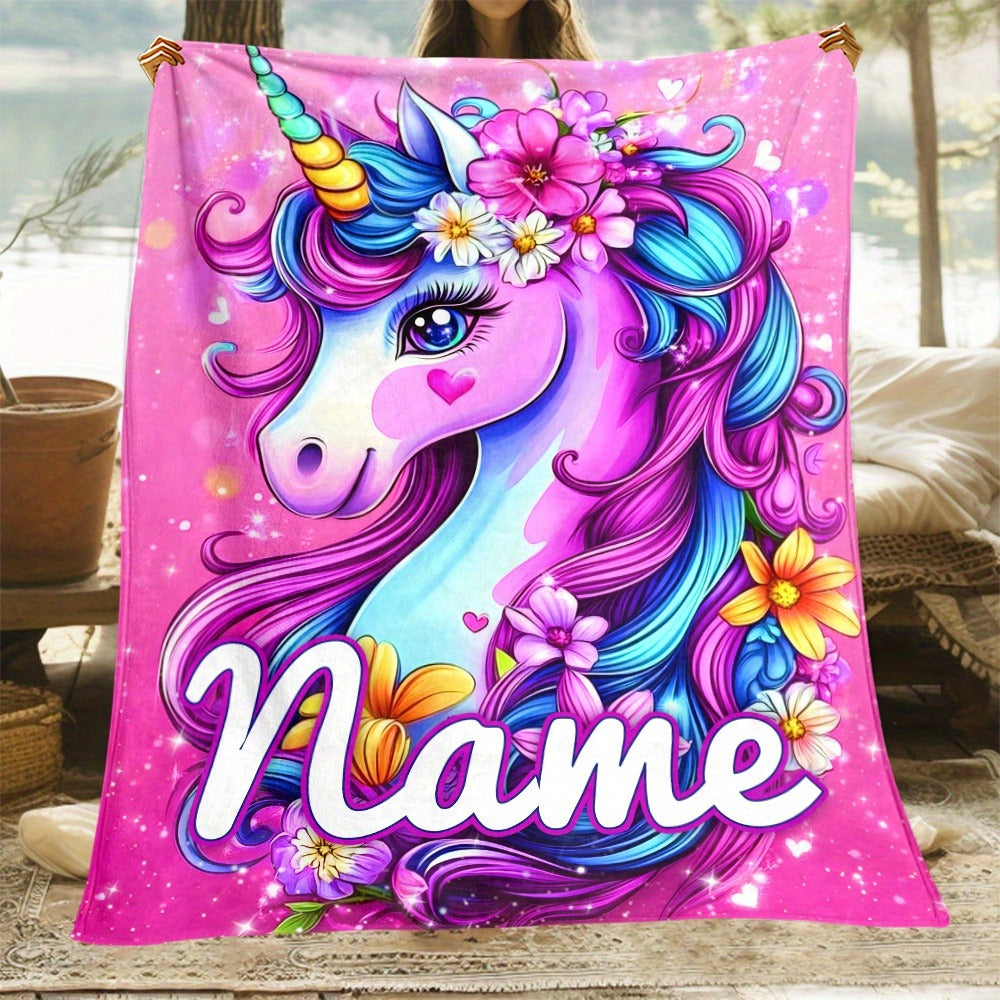 Personalized Name Lovely Dazzling Flower Unicorn Print Portable Blanket