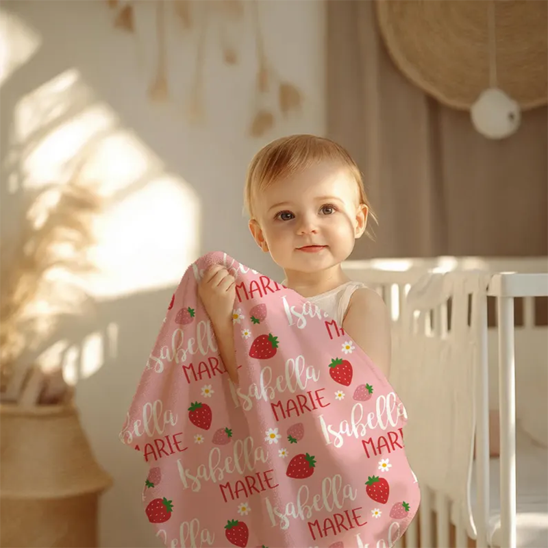 Personalized Strawberry Blanket, Custom Baby Name Blanket
