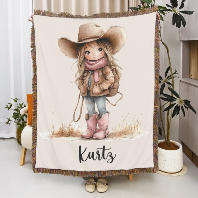 Personalized Cartoon Cowboy Tassel Blanket with Name