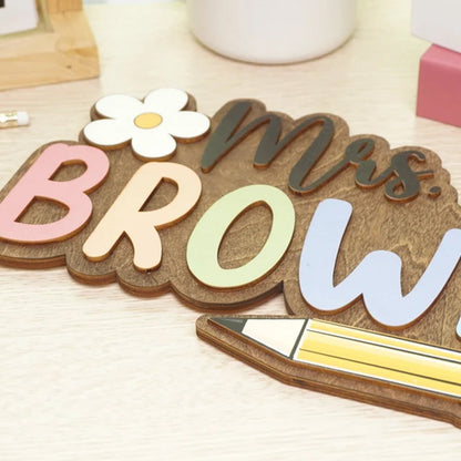 Custom 3D Teacher Door Sign, Personalised Name with Pencil Teacher Sign
