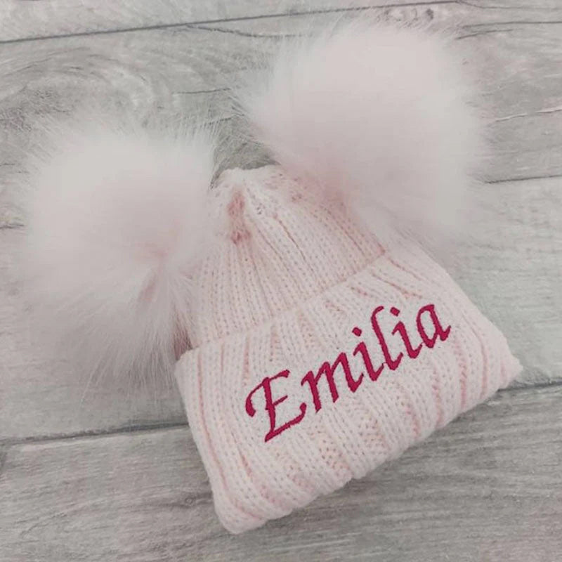 Personalised Infant Winter Hat Custom Embroidered Baby Pom Beanie