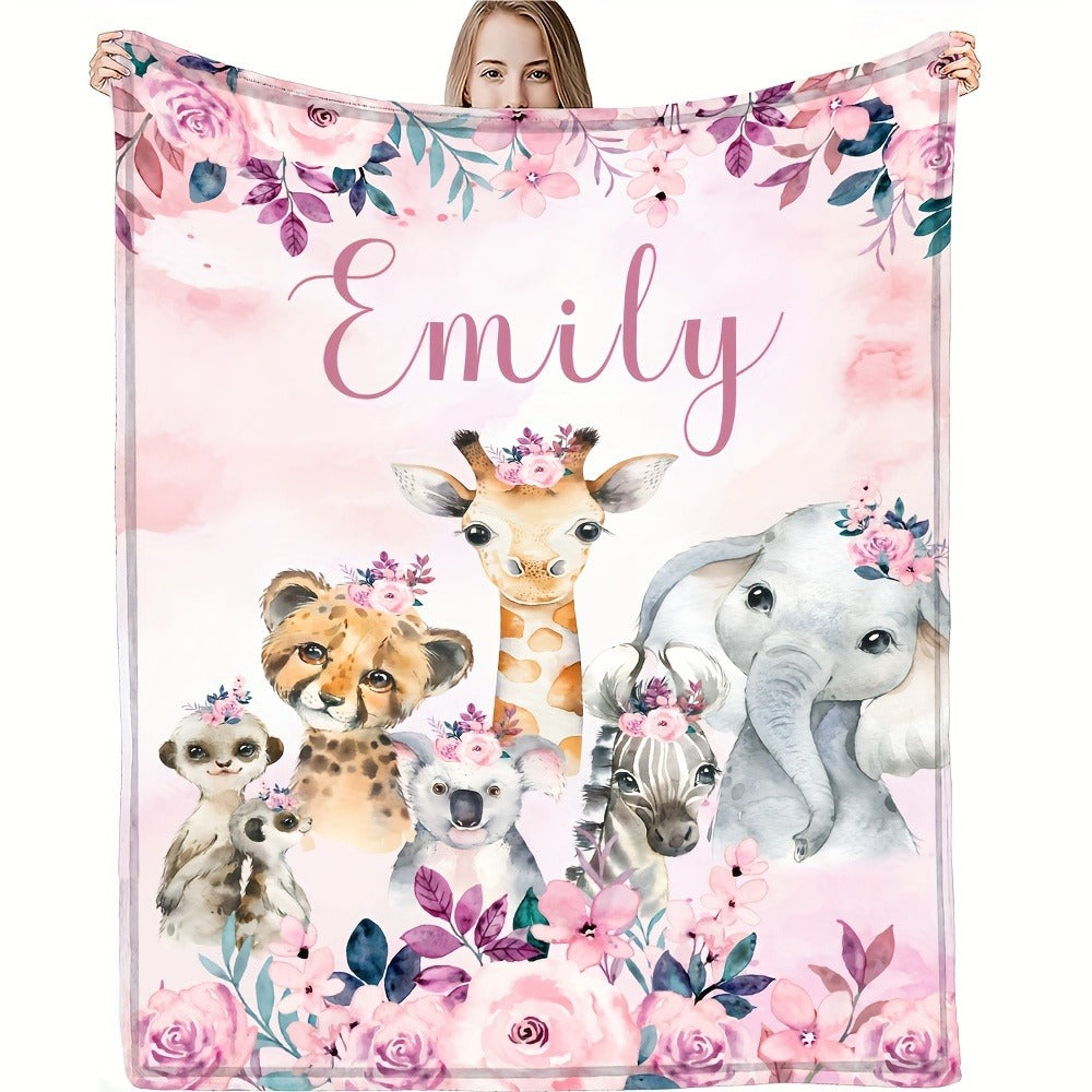 Personalized Animal Fleece Blanket with Custom Name And Letter Design