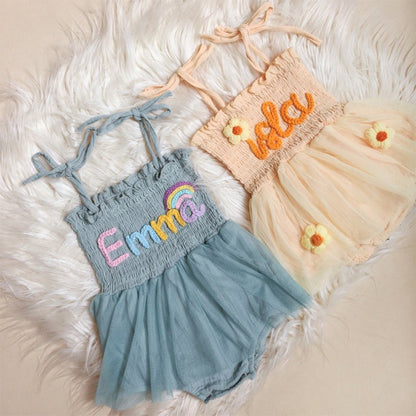 Custom Name Baby Tutu Dress, Hand Embroidered Baby Romper