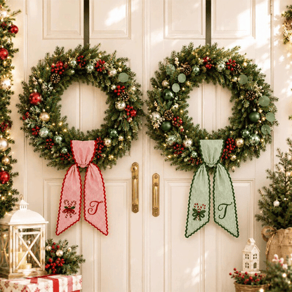 Personalized Christmas Wreath Sash, Pink Stripe Monogram Door Bow