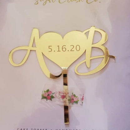 Initials Wedding Cake Topper with date gold acrylic