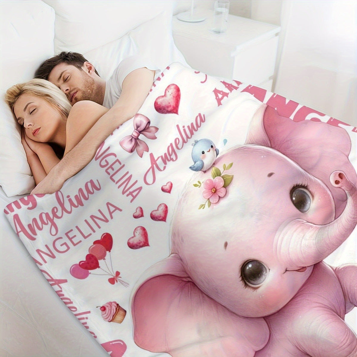 Customizable Pink Elephant Flannel Throw Blanket with Name