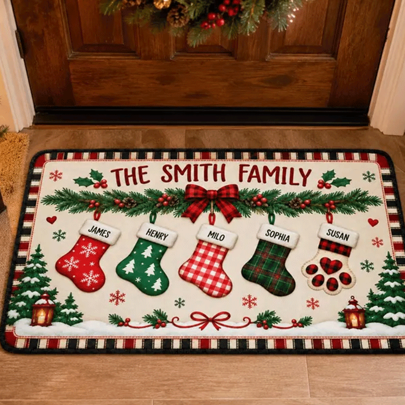 Personalized Christmas Family Runner Rug, Custom Holiday Hallway Carpet