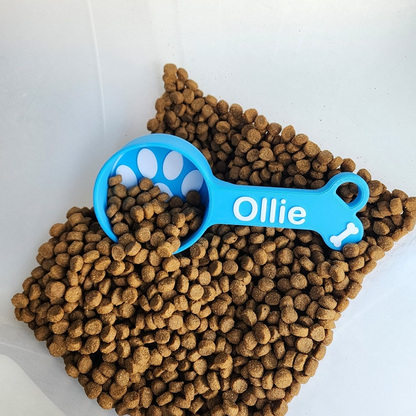 Personalized dog food scoops and cat food scoops