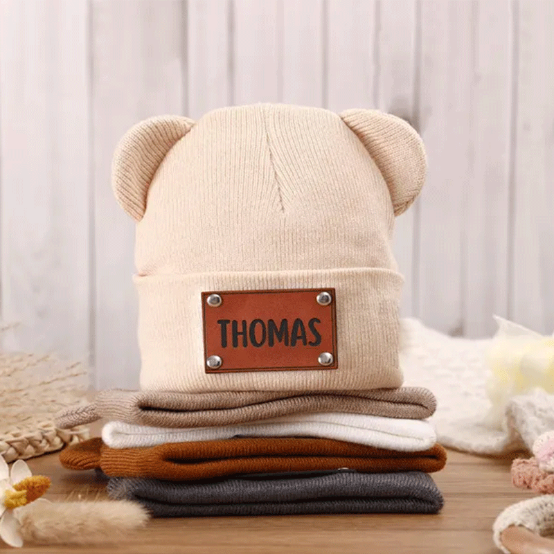 Personalized Baby Beanie with Bear Ears, Custom Beanie with Name Patch