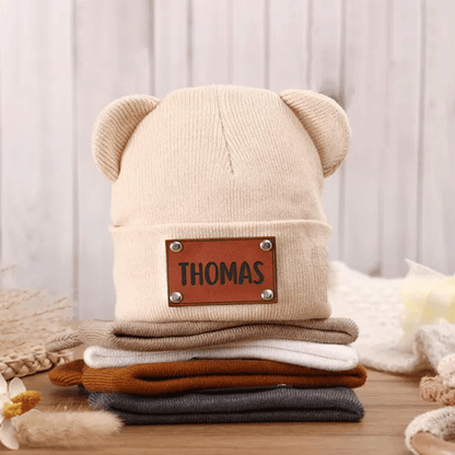 Personalized Baby Beanie with Bear Ears, Custom Beanie with Name Patch
