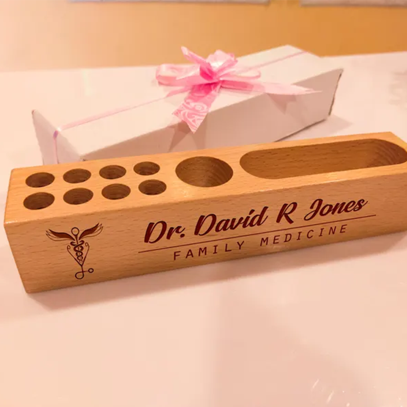 Personalized Doctor Gift: Engraved Wood Desk Organizer with Caduceus