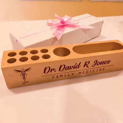 Personalized Doctor Gift: Engraved Wood Desk Organizer with Caduceus