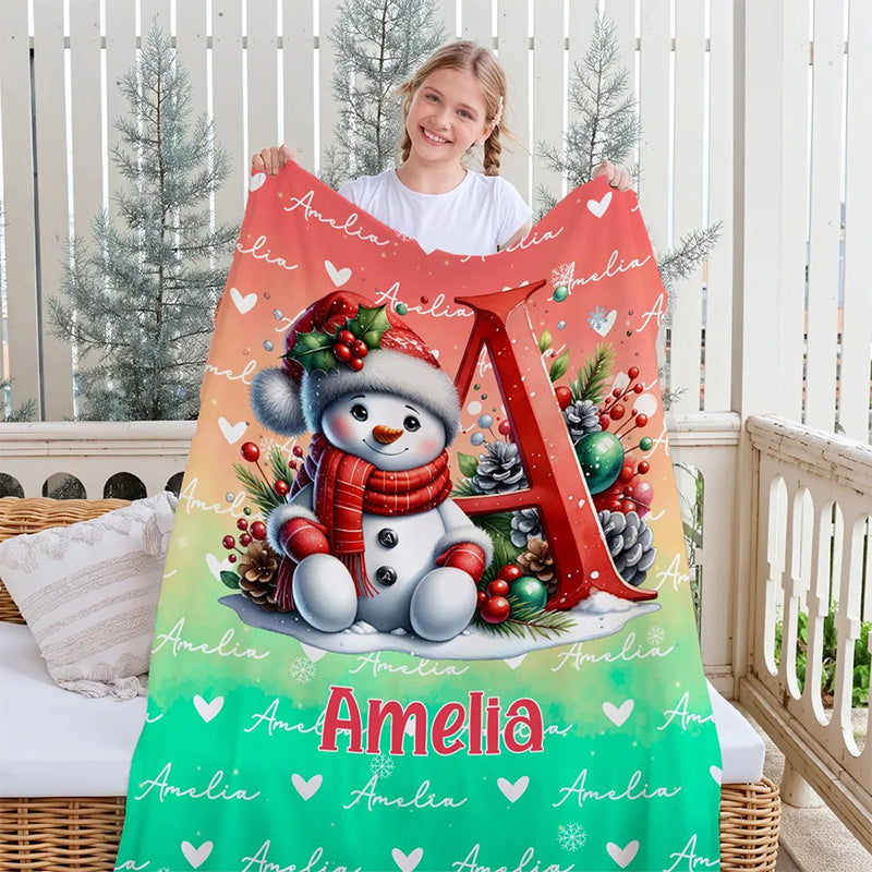 Personalized Santa Hat Snowman Penguin Initial Word Cloud Blanket