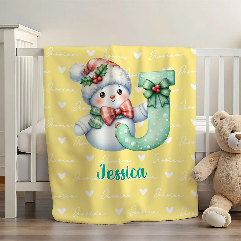 Personalized Santa Hat Snowman Initial Blanket