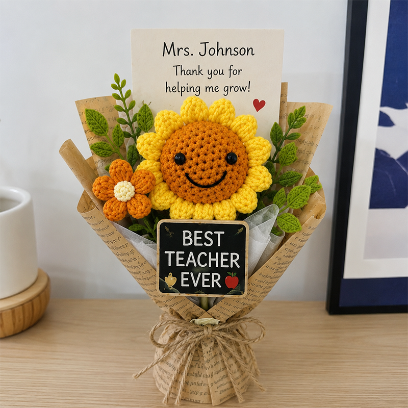 Crochet Flower Bouquet Handmade, Knitted Flower Gift, Personalization Thank You Teacher Gift