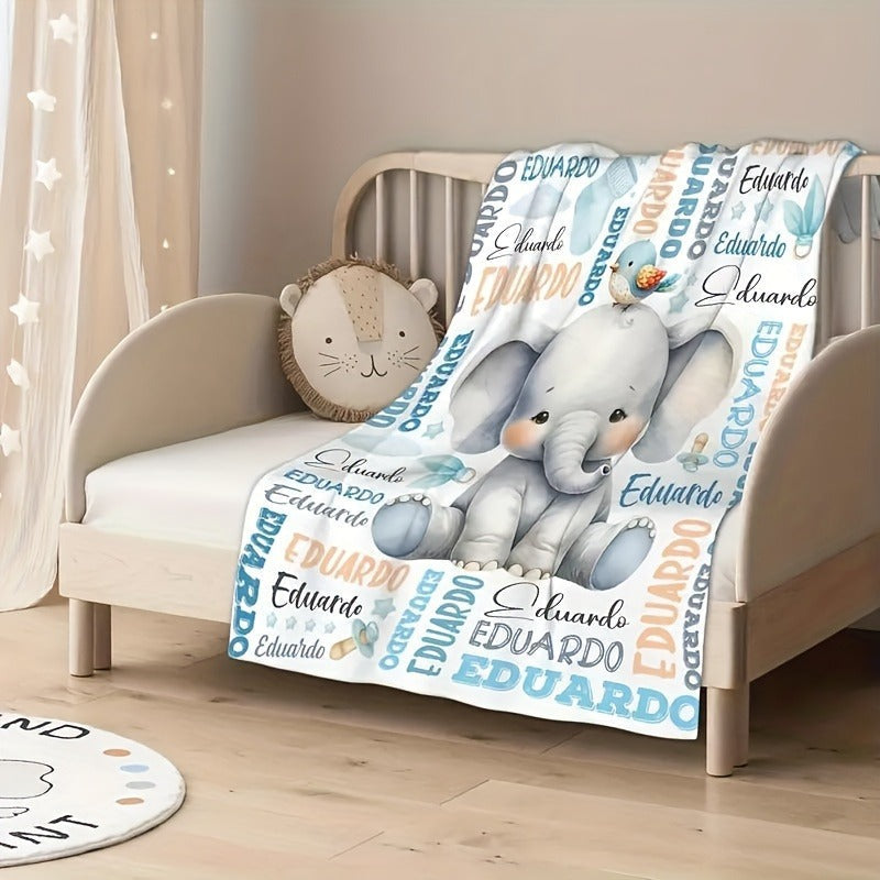 One Custom Text Elephant Print Plush Blanket, Personalized Soft Warm Digital Printed Throw