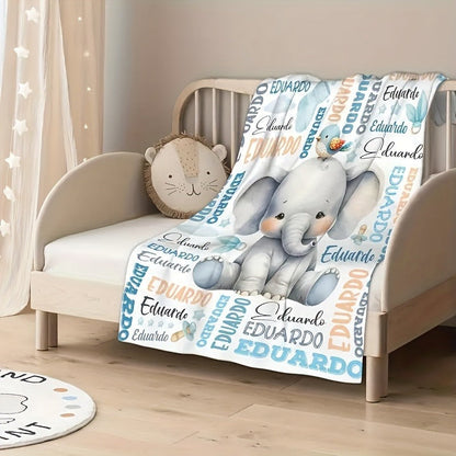 One Custom Text Elephant Print Plush Blanket, Personalized Soft Warm Digital Printed Throw