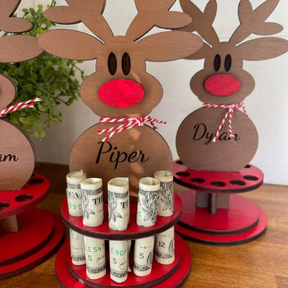 Freestanding Rudolph the Red Nose Reindeer Wooden Money Tree Money Holder with custom name