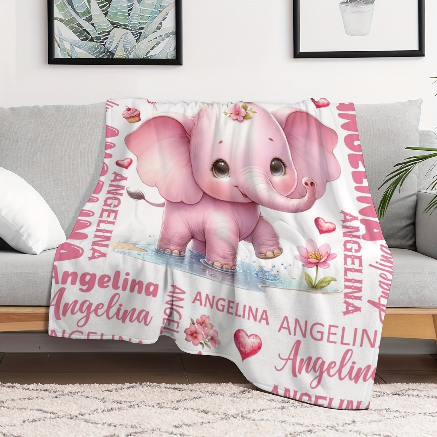 Customizable Pink Elephant Flannel Throw Blanket with Name