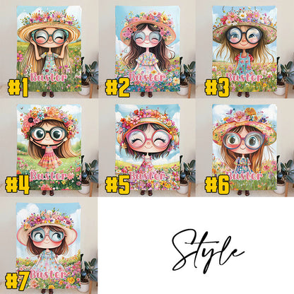 Personalized Cartoon Quirky Flower Girl Throw Blanket with Name