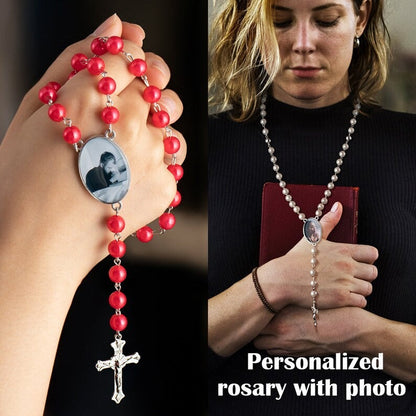 Personalized Multi-Color Rosary Beads Cross Necklace with Photo