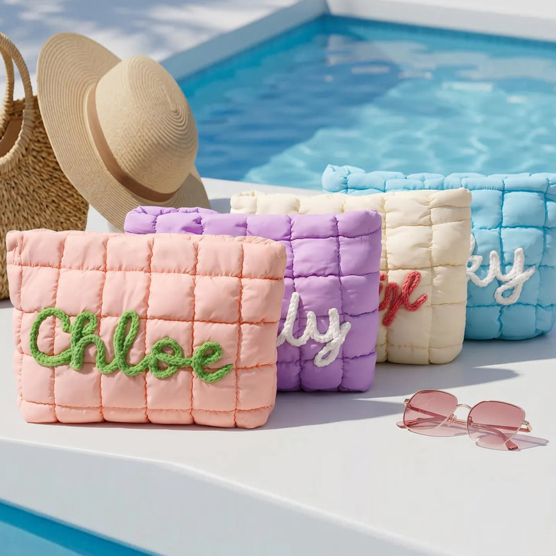 Personalized Quilted Nylon Makeup Bag,Custom Quilted Zipper Pouch