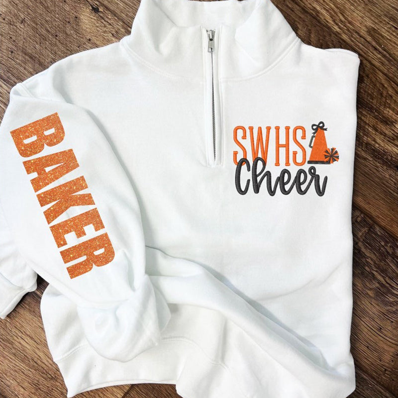 ADULT - Cheer Mascot Quarter zip Pullover with Name on Sleeve in Glitter