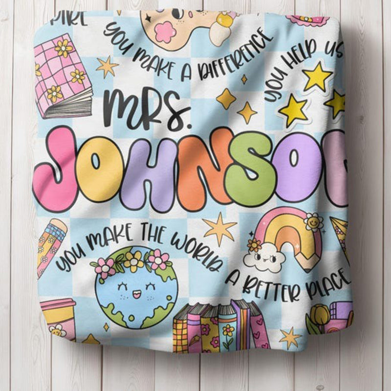 Personalized Teacher Blanket, Retro Groovy Checkerboard Sherpa Blanket