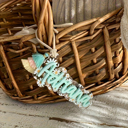 Personalized Floral Keychain for Women - Custom Name in Pastel Pink, Mint, Green, Lavender