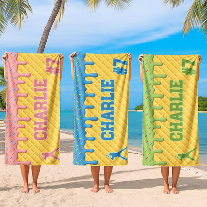 Personalized Ice Cream Drip Baseball Softball Beach Towel For Boys, Girl, Drip Beach Towel